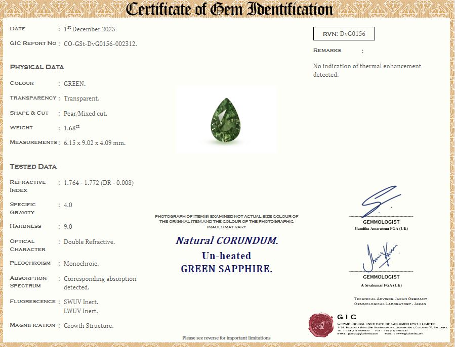 Green Sapphire 1.68ct Pear
