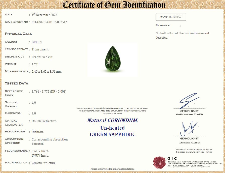 Green Sapphire 1.21ct Pear