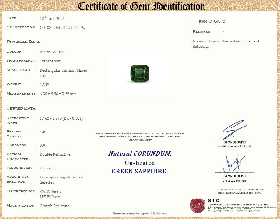 Green Sapphire 1.24ct Cushion