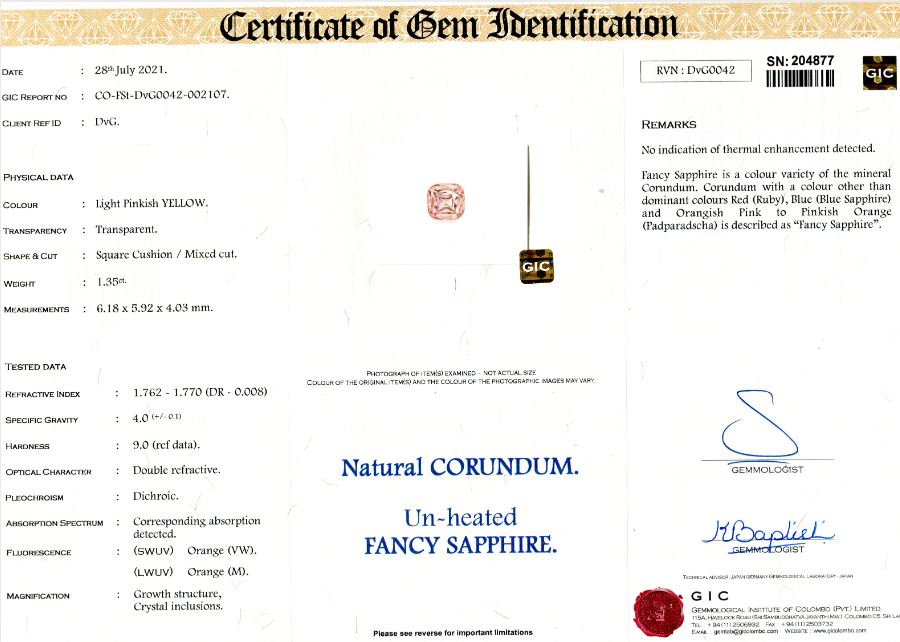 Peach Sapphire 1.35ct Cushion
