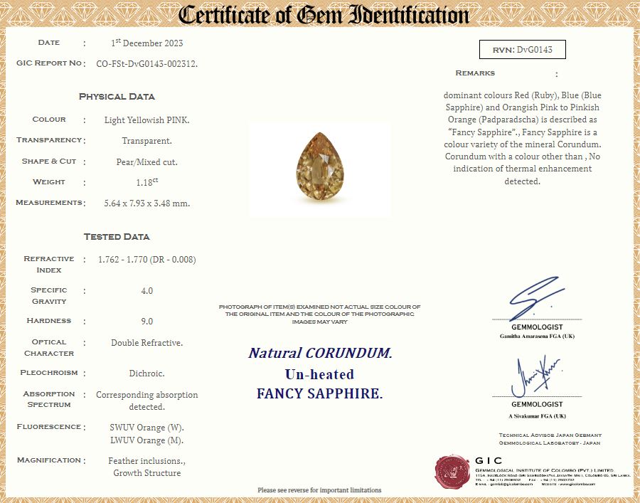 Peach Sapphire 1.18ct Pear