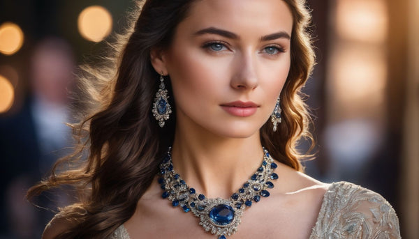 Close-up of a woman wearing an elegant necklace with a Montana Sapphire pendant.