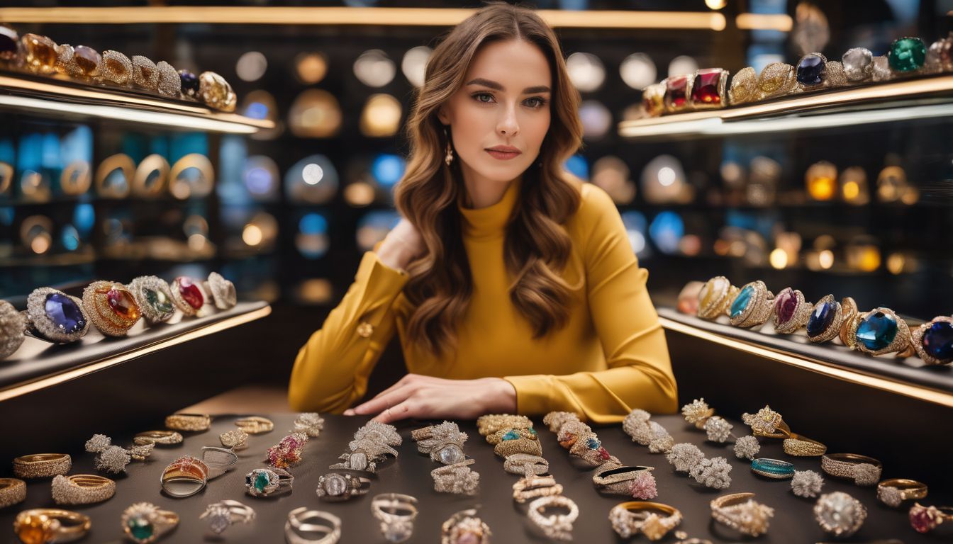 A photo showcasing various unique engagement ring designs worn by a stylish woman.