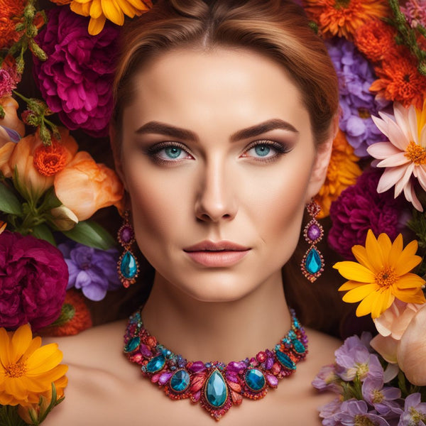 A woman wearing a vibrant gemstone necklace surrounded by colorful flowers.