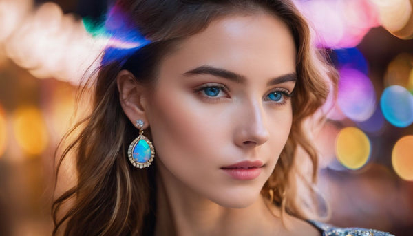 Close-up shot of a woman wearing Rainbow Opal earrings with opal display in the background.