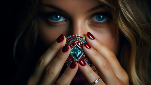 A woman's hands showcase a collection of diverse gemstones and a diamond ring.