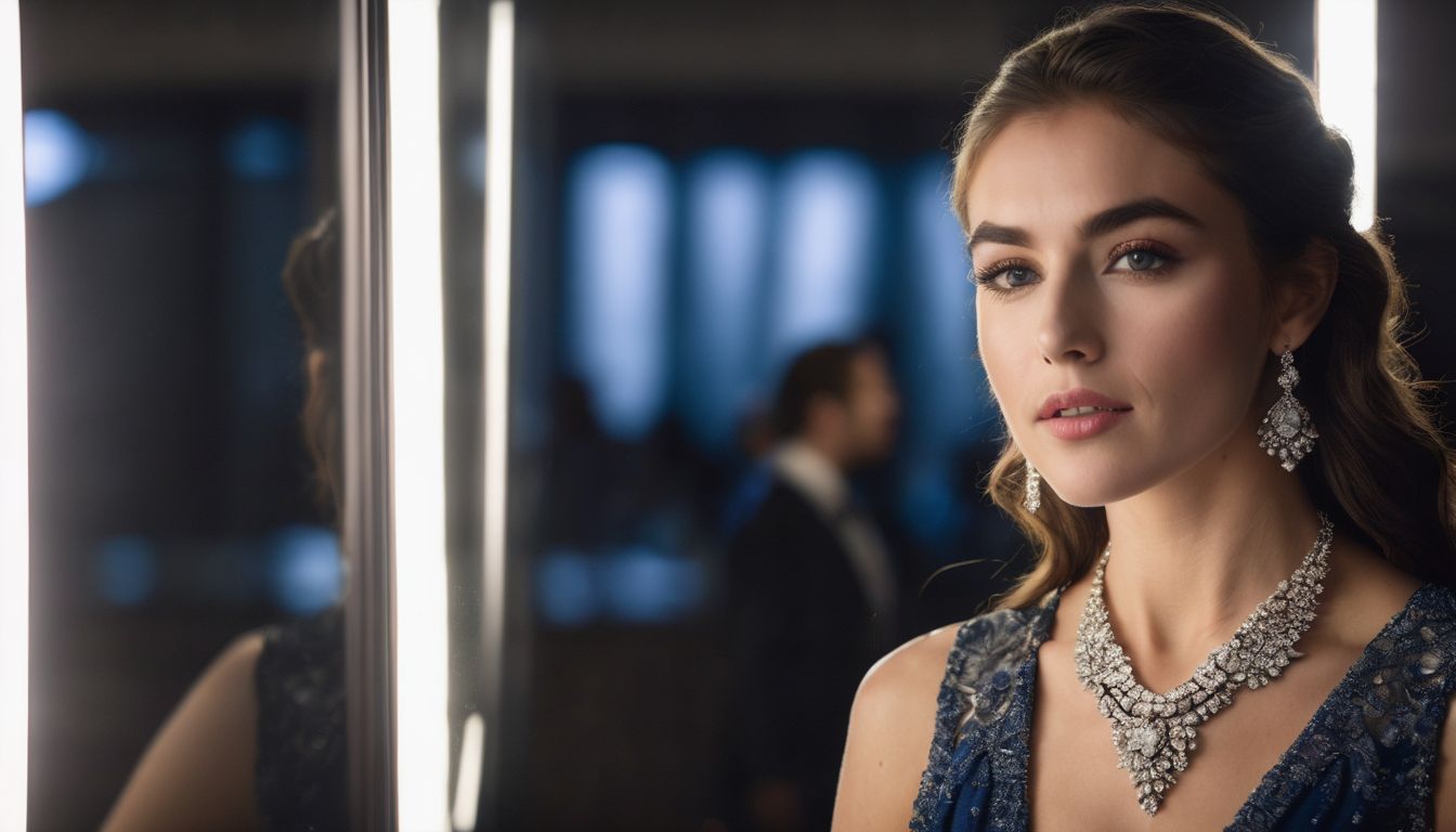 A woman admires herself wearing a stunning diamond necklace.