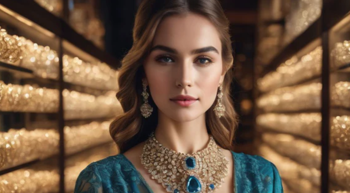 A woman wearing a stunning blue diamond necklace in a luxury jewelry store.