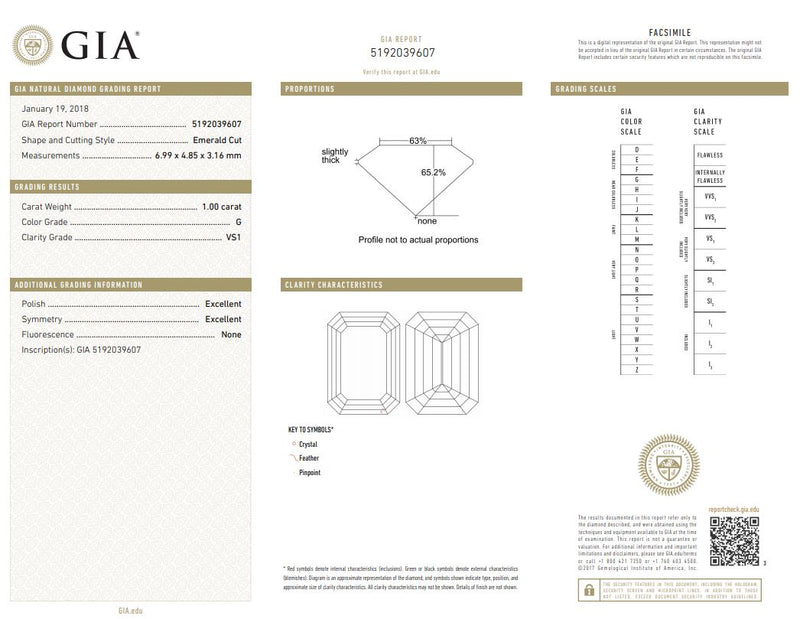 Emerald Cut Diamond 1 carat GIA Certificate