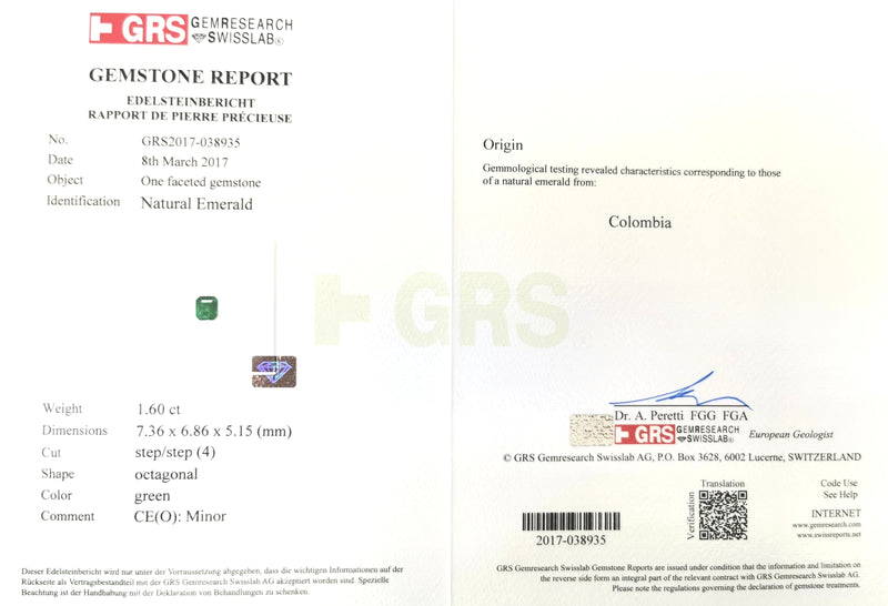 Emerald 1.60ct Emerald Cut Certificate