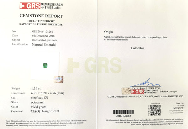 Emerald 1.39ct Emerald Cut Certificate