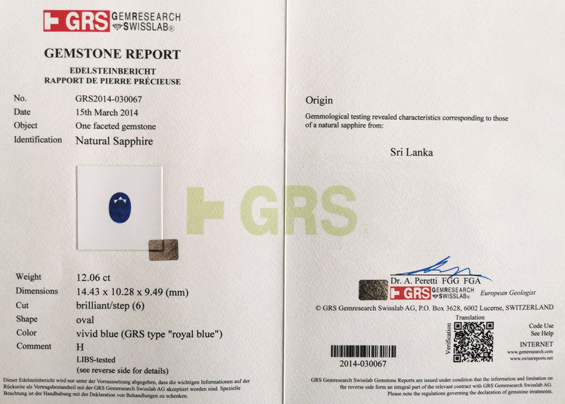Blue Sapphire 12.06ct Oval Certificate